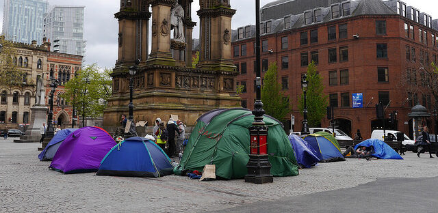 Homeless people in tents in Albert Square in Manchester