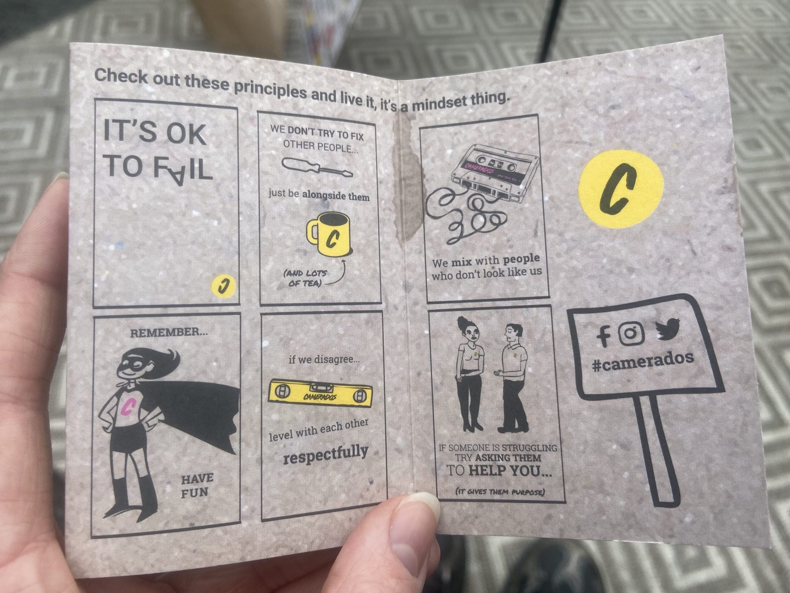 A handbook given out at to people at
living rooms which outlines the principles of the organisation