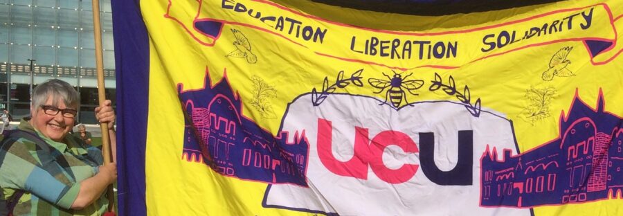 UCU secretary Julie Wilkinson holding aloft union flag at a demonstration
