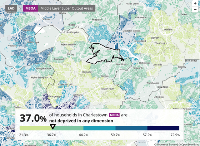 Map of deprivation in Charlestown ONS map of Charlestown and its deprivation percentage